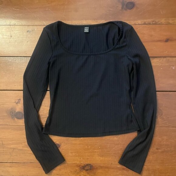 SHEIN Black Ribbed Square Neck Long Sleeve Shirt - Picture 3 of 5